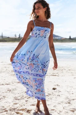 Heidi Midi Dress - Tiered Sun Dress with Crochet Splicing in Heaven Print><noscript><img width=
