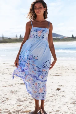 Heidi Midi Dress - Tiered Sun Dress with Crochet Splicing in Heaven Print><noscript><img width=