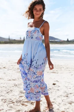 Heidi Midi Dress - Tiered Sun Dress with Crochet Splicing in Heaven Print><noscript><img width=