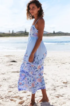 Heidi Midi Dress - Tiered Sun Dress with Crochet Splicing in Heaven Print><noscript><img width=
