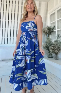 Heidi Midi Dress - Tiered Sun Dress with Crochet Splicing in Asteria Print><noscript><img width=