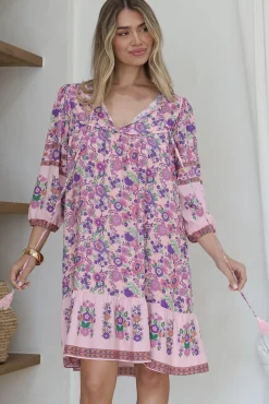 Helda Mini Dress - V-Neck Shift Dress with Balloon Sleeves in Aletta Print Pink>Salty Crush New