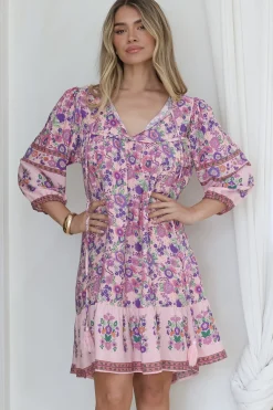 Helda Mini Dress - V-Neck Shift Dress with Balloon Sleeves in Aletta Print Pink><noscript><img width=