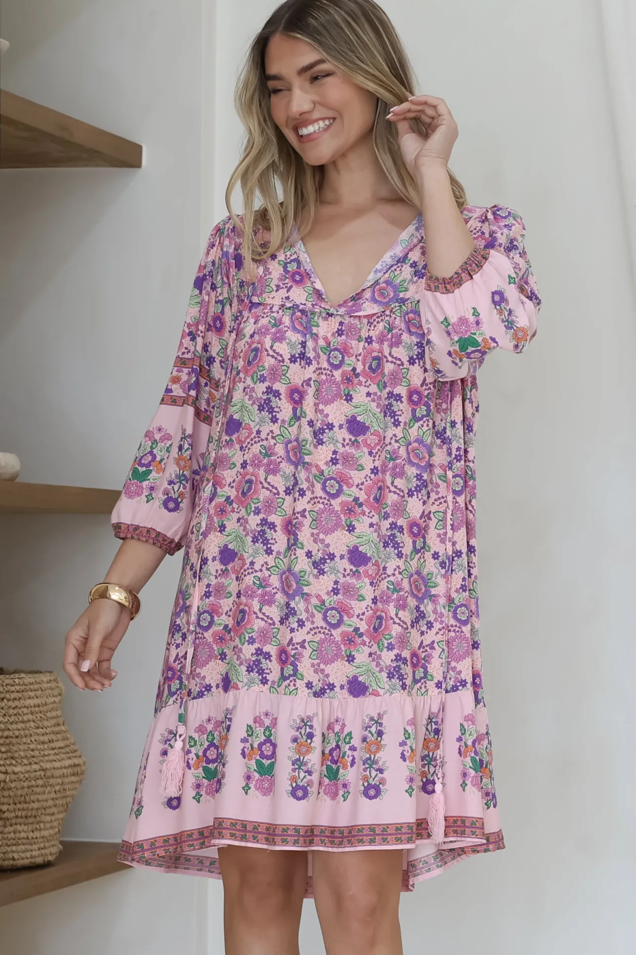 Helda Mini Dress - V-Neck Shift Dress with Balloon Sleeves in Aletta Print Pink>Salty Crush New