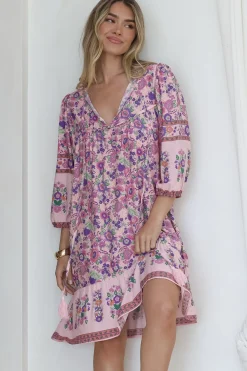 Helda Mini Dress - V-Neck Shift Dress with Balloon Sleeves in Aletta Print Pink><noscript><img width=