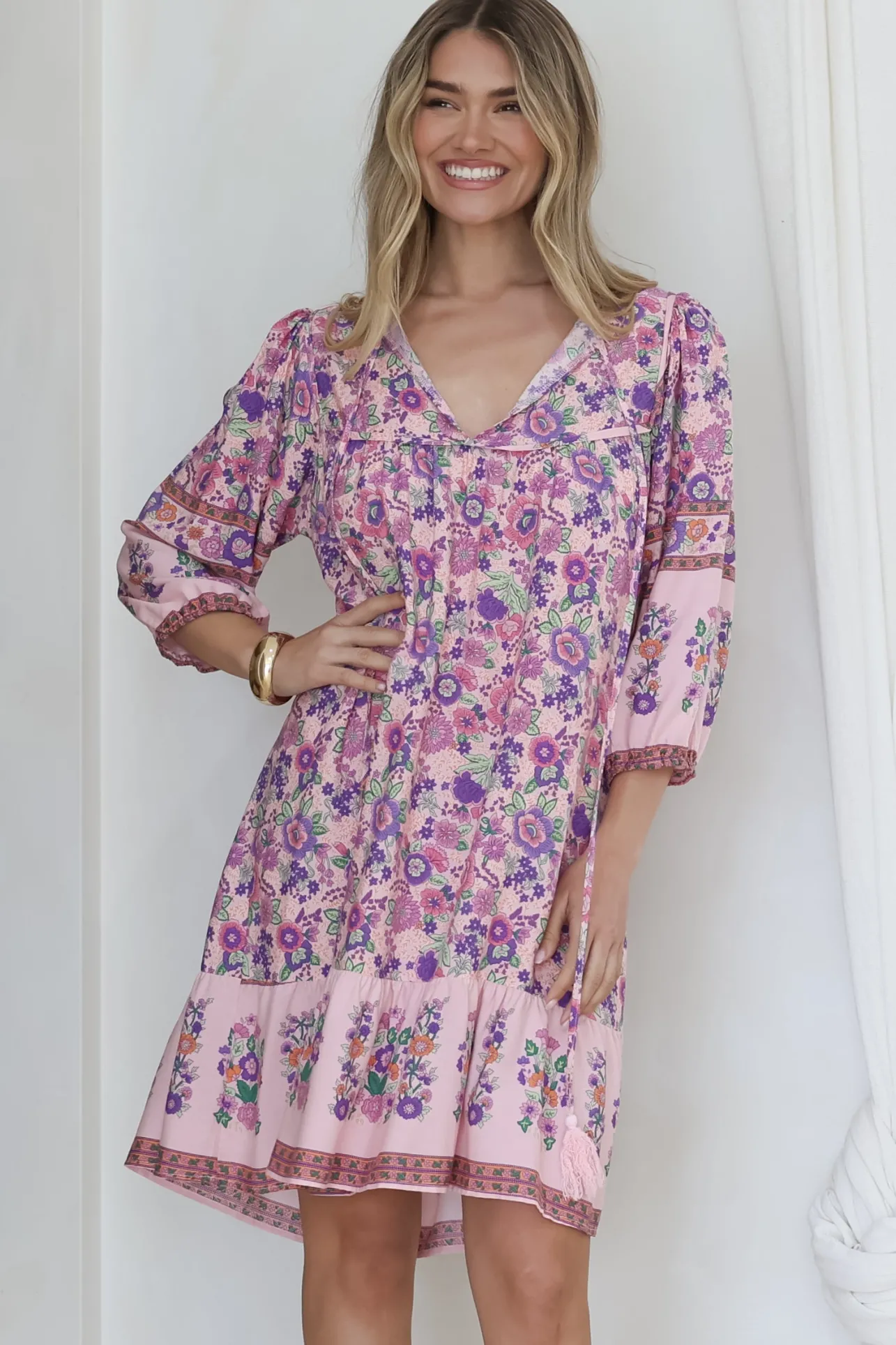 Helda Mini Dress - V-Neck Shift Dress with Balloon Sleeves in Aletta Print Pink>Salty Crush New