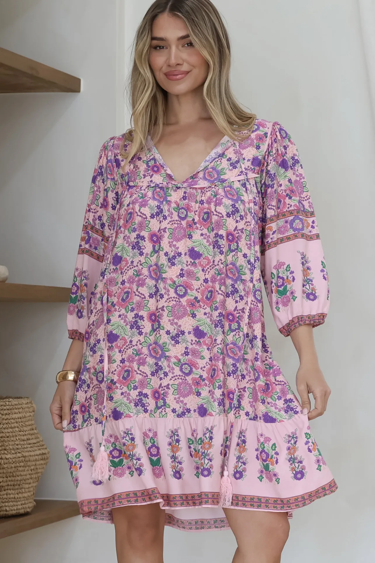 Helda Mini Dress - V-Neck Shift Dress with Balloon Sleeves in Aletta Print Pink>Salty Crush New