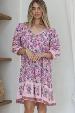 Helda Mini Dress - V-Neck Shift Dress with Balloon Sleeves in Aletta Print Pink><noscript><img width=