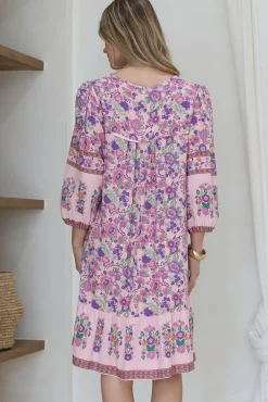 Helda Mini Dress - V-Neck Shift Dress with Balloon Sleeves in Aletta Print Pink><noscript><img width=