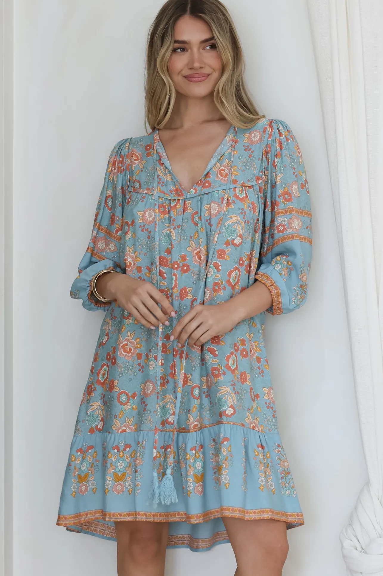 Helda Mini Dress - V-Neck Shift Dress with Balloon Sleeves in Aletta Print Blue>Salty Crush New