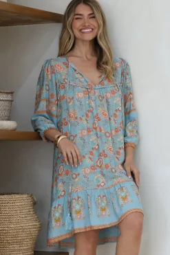 Helda Mini Dress - V-Neck Shift Dress with Balloon Sleeves in Aletta Print Blue><noscript><img width=