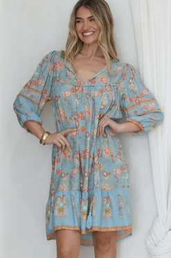 Helda Mini Dress - V-Neck Shift Dress with Balloon Sleeves in Aletta Print Blue><noscript><img width=