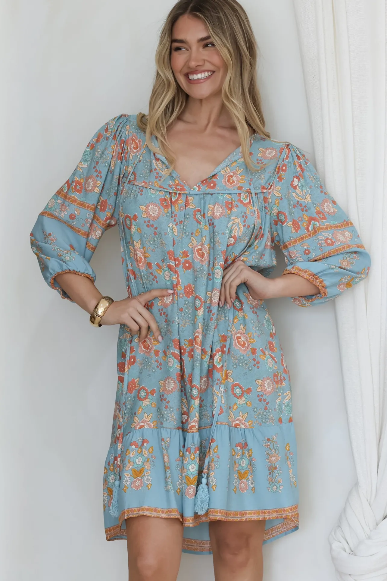 Helda Mini Dress - V-Neck Shift Dress with Balloon Sleeves in Aletta Print Blue>Salty Crush New