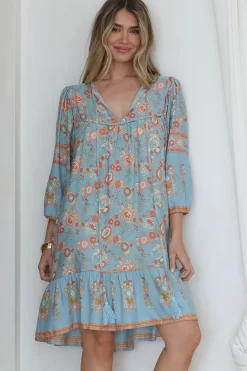 Helda Mini Dress - V-Neck Shift Dress with Balloon Sleeves in Aletta Print Blue><noscript><img width=