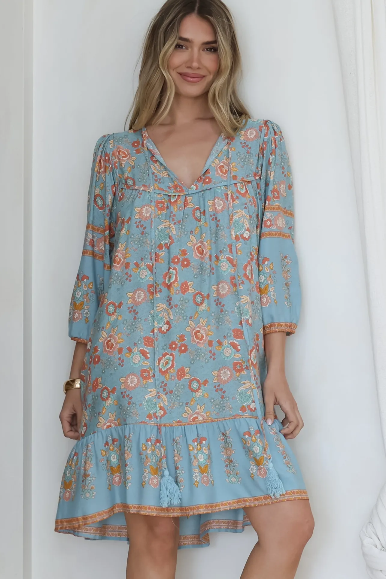 Helda Mini Dress - V-Neck Shift Dress with Balloon Sleeves in Aletta Print Blue>Salty Crush New