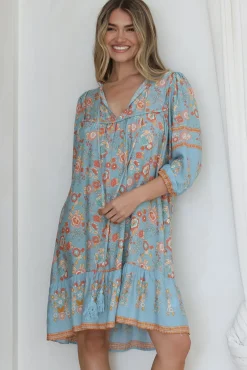 Helda Mini Dress - V-Neck Shift Dress with Balloon Sleeves in Aletta Print Blue><noscript><img width=