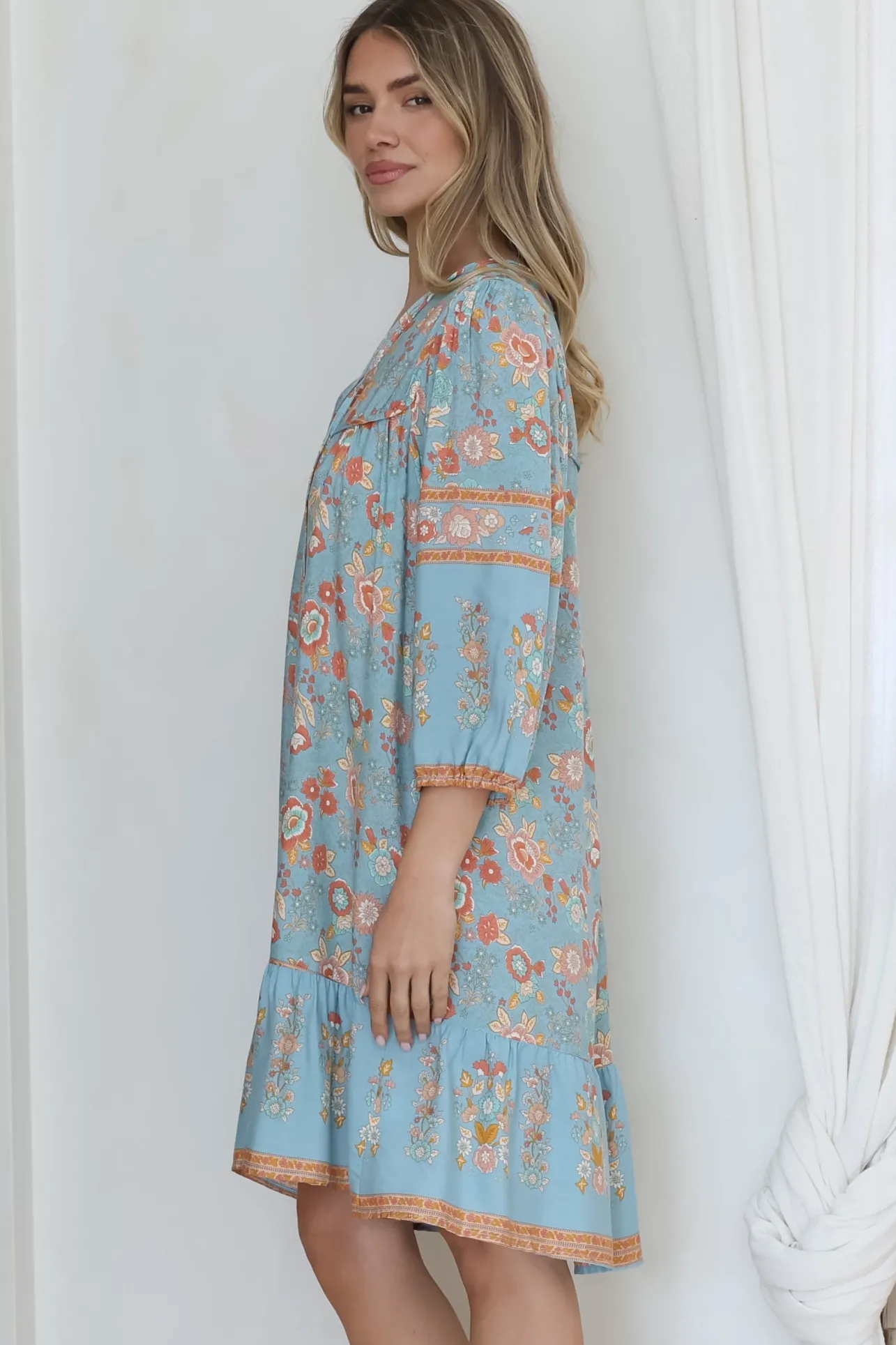 Helda Mini Dress - V-Neck Shift Dress with Balloon Sleeves in Aletta Print Blue>Salty Crush New