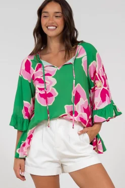 Helia Top - V-Neck Smock Top with Bell Sleeves in Raine Print>Salty Crush Best