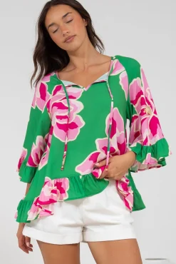 Helia Top - V-Neck Smock Top with Bell Sleeves in Raine Print><noscript><img width=