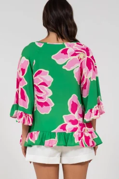 Helia Top - V-Neck Smock Top with Bell Sleeves in Raine Print><noscript><img width=