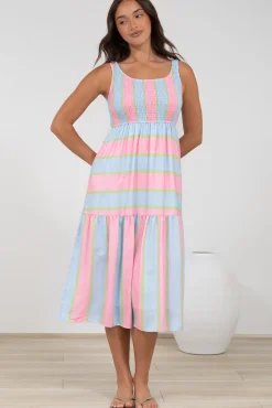 Helio Midi Dress - Elasticated Bodice Tiered Sun Dress in Carnival Stripe Print>Salty Crush Online