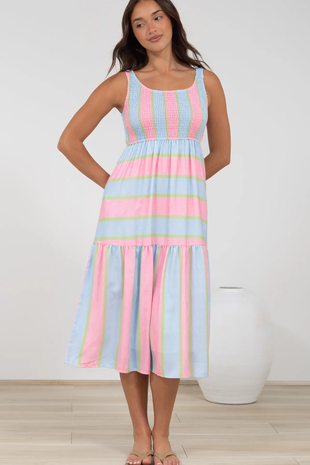Helio Midi Dress - Elasticated Bodice Tiered Sun Dress in Carnival Stripe Print>Salty Crush Online