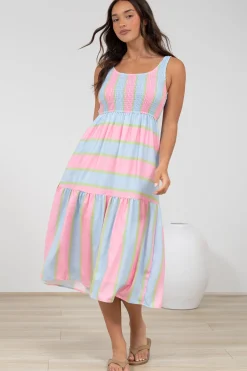 Helio Midi Dress - Elasticated Bodice Tiered Sun Dress in Carnival Stripe Print><noscript><img width=