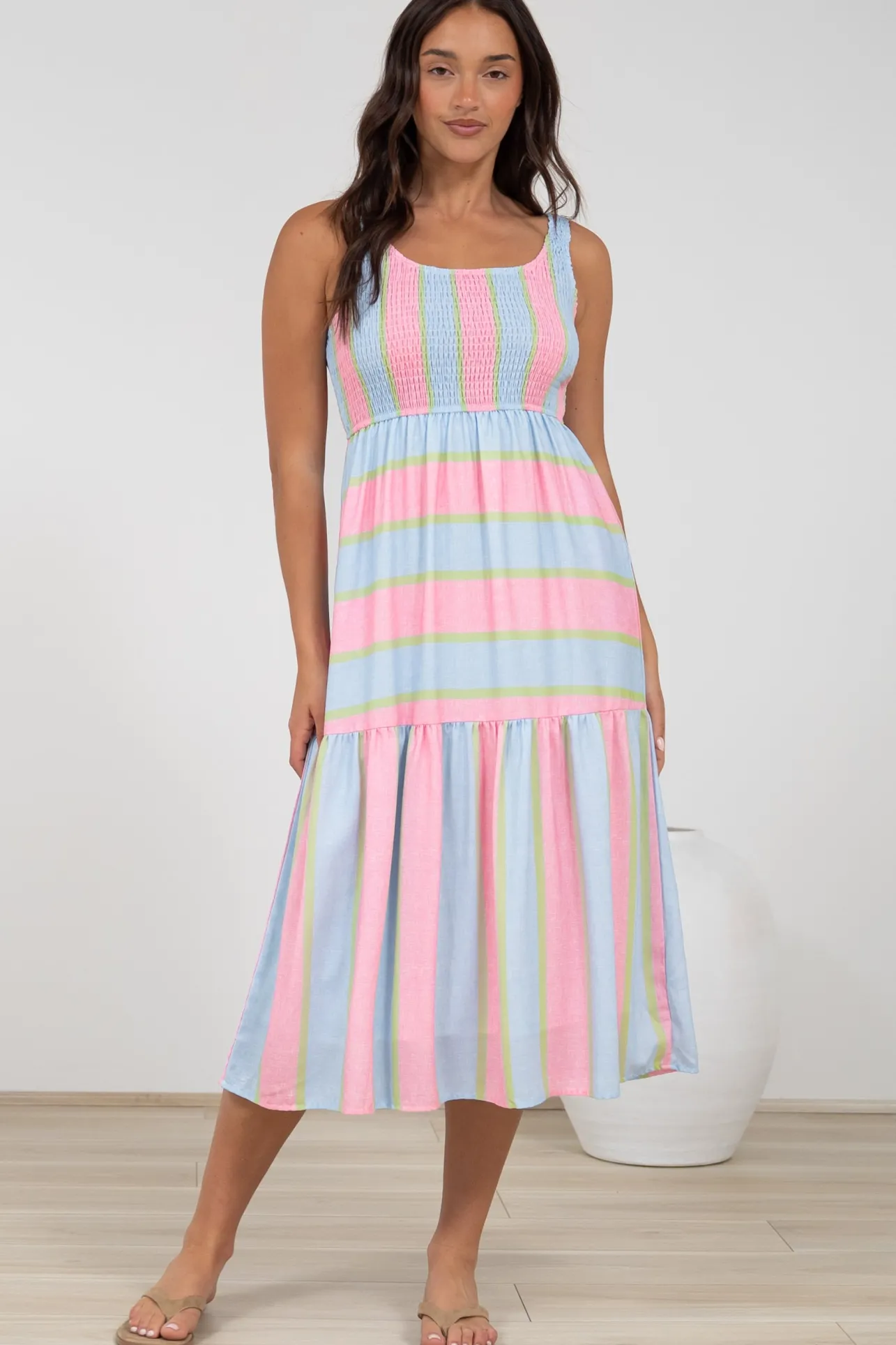 Helio Midi Dress - Elasticated Bodice Tiered Sun Dress in Carnival Stripe Print>Salty Crush Online