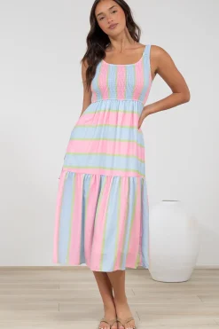 Helio Midi Dress - Elasticated Bodice Tiered Sun Dress in Carnival Stripe Print><noscript><img width=