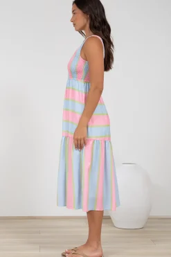 Helio Midi Dress - Elasticated Bodice Tiered Sun Dress in Carnival Stripe Print><noscript><img width=