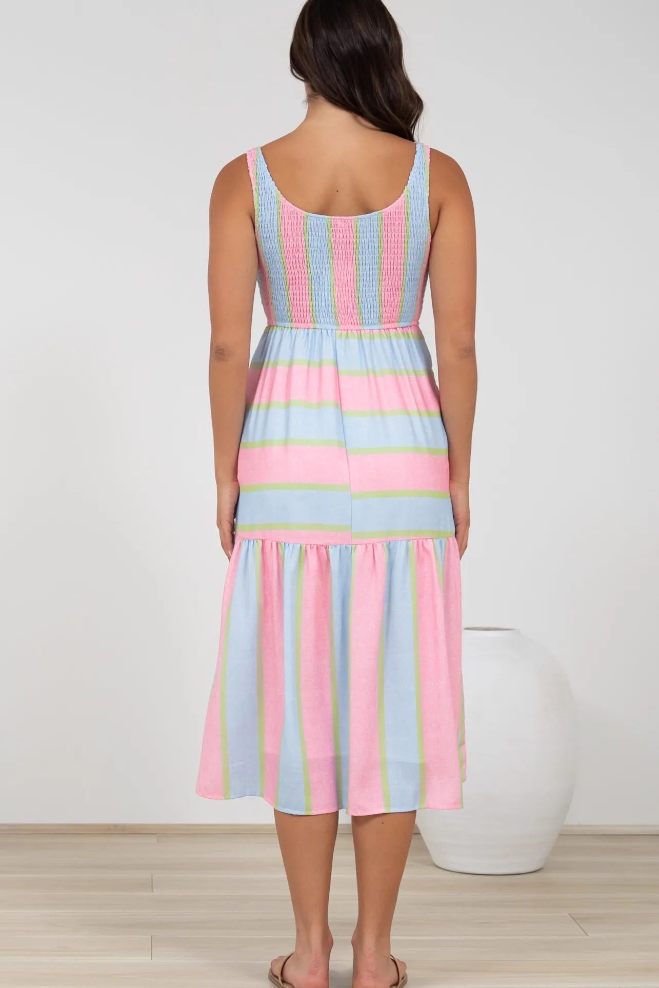 Helio Midi Dress - Elasticated Bodice Tiered Sun Dress in Carnival Stripe Print>Salty Crush Online