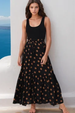 Hellen Maxi Skirt - High Waisted Skirt with Front Splits in Mahony Print>Salty Crush Best