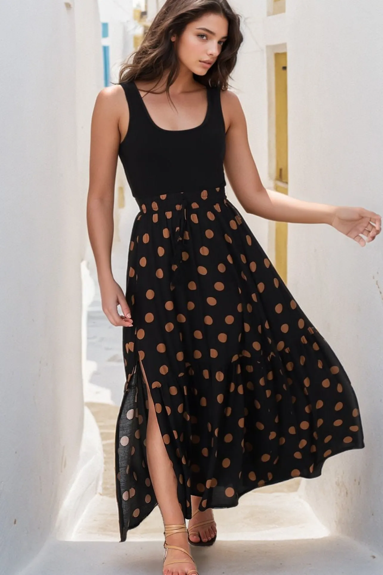 Hellen Maxi Skirt - High Waisted Skirt with Front Splits in Mahony Print>Salty Crush Best