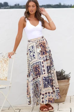 Hellen Maxi Skirt - High Waisted Skirt with Front Splits in Alphy Print>Salty Crush