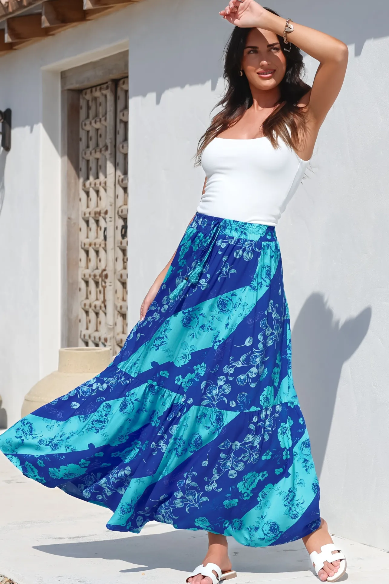 Hellen Maxi Skirt - High Waisted Skirt with Front Splits in Clavelle Print Blue>Salty Crush Best