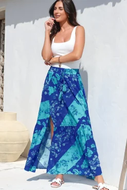Hellen Maxi Skirt - High Waisted Skirt with Front Splits in Clavelle Print Blue><noscript><img width=