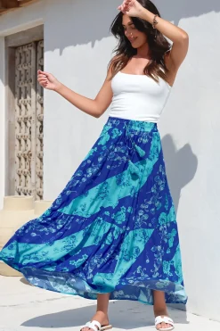 Hellen Maxi Skirt - High Waisted Skirt with Front Splits in Clavelle Print Blue><noscript><img width=