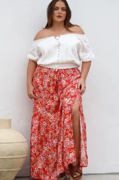 Hellen Maxi Skirt - High Waisted Skirt with Front Splits in Florentina Print Red>Salty Crush Sale
