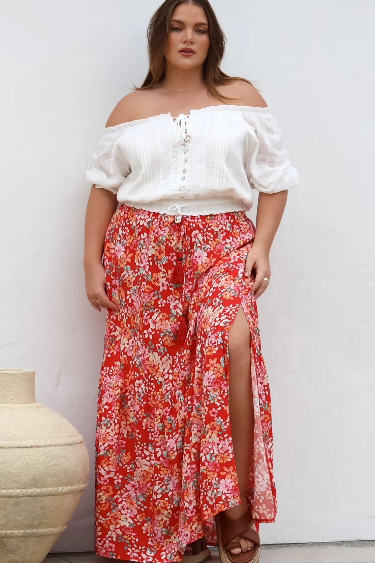 Hellen Maxi Skirt - High Waisted Skirt with Front Splits in Florentina Print Red>Salty Crush Sale