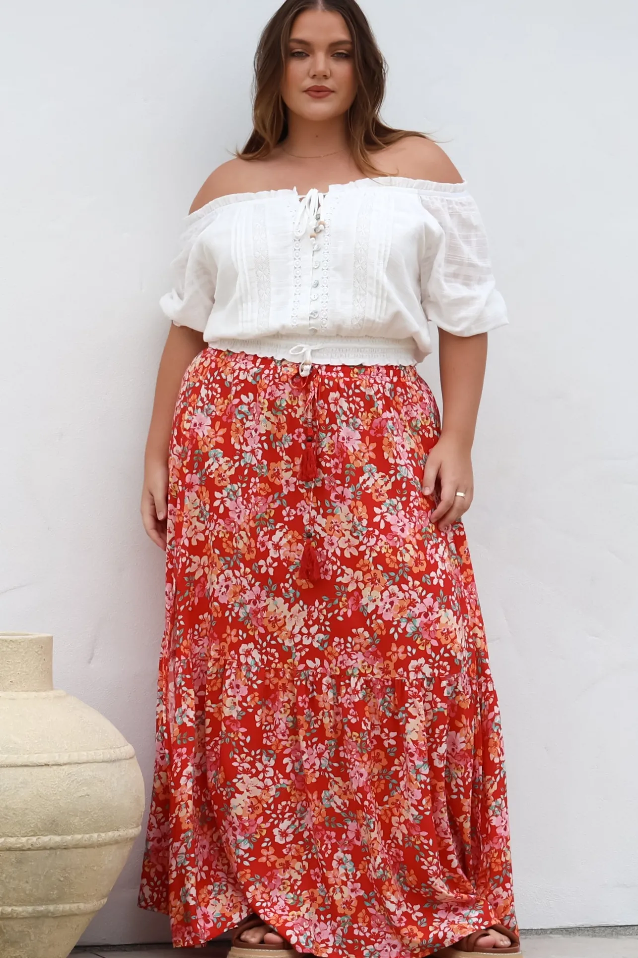 Hellen Maxi Skirt - High Waisted Skirt with Front Splits in Florentina Print Red>Salty Crush Sale