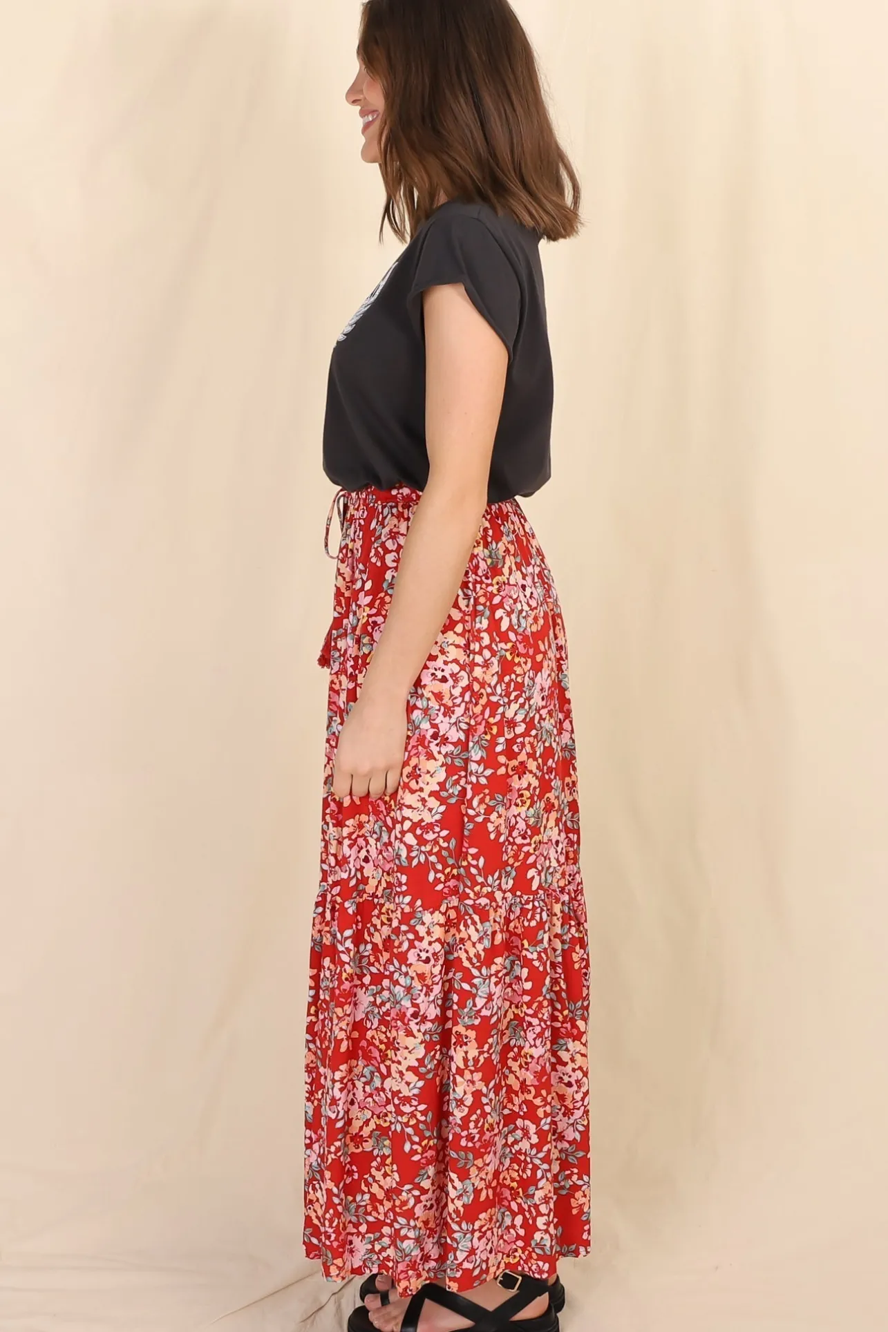 Hellen Maxi Skirt - High Waisted Skirt with Front Splits in Florentina Print Red>Salty Crush Sale