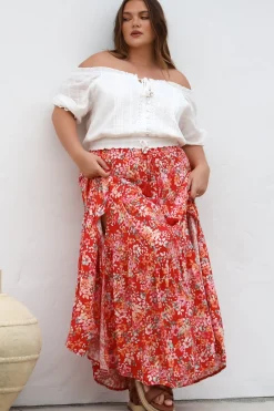 Hellen Maxi Skirt - High Waisted Skirt with Front Splits in Florentina Print Red><noscript><img width=