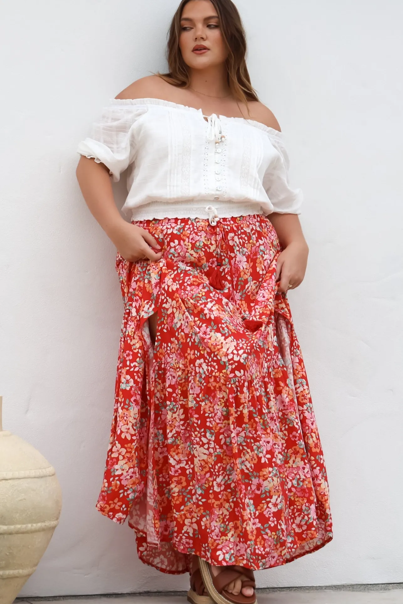 Hellen Maxi Skirt - High Waisted Skirt with Front Splits in Florentina Print Red>Salty Crush Sale