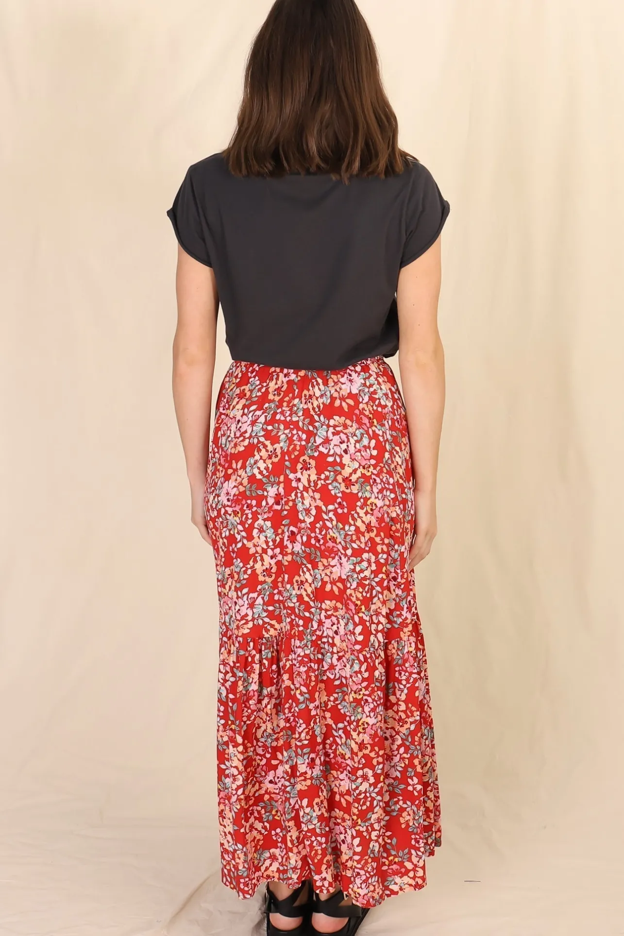 Hellen Maxi Skirt - High Waisted Skirt with Front Splits in Florentina Print Red>Salty Crush Sale