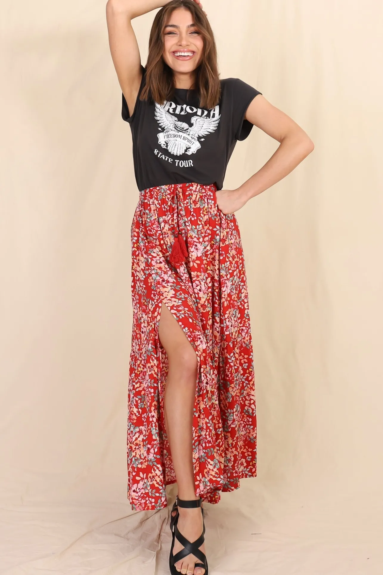 Hellen Maxi Skirt - High Waisted Skirt with Front Splits in Florentina Print Red>Salty Crush Sale