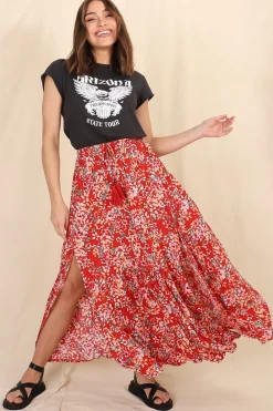 Hellen Maxi Skirt - High Waisted Skirt with Front Splits in Florentina Print Red><noscript><img width=
