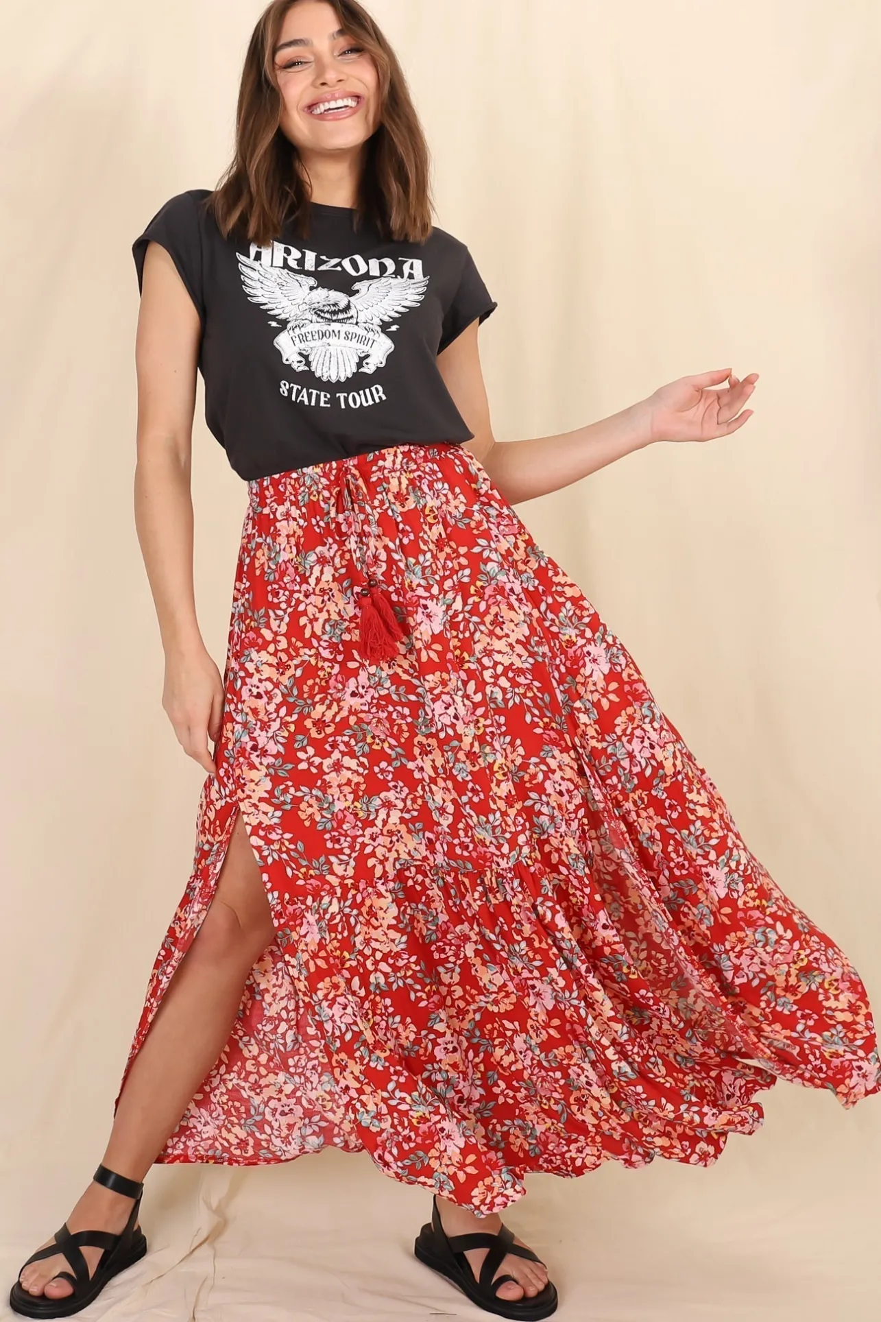 Hellen Maxi Skirt - High Waisted Skirt with Front Splits in Florentina Print Red>Salty Crush Sale