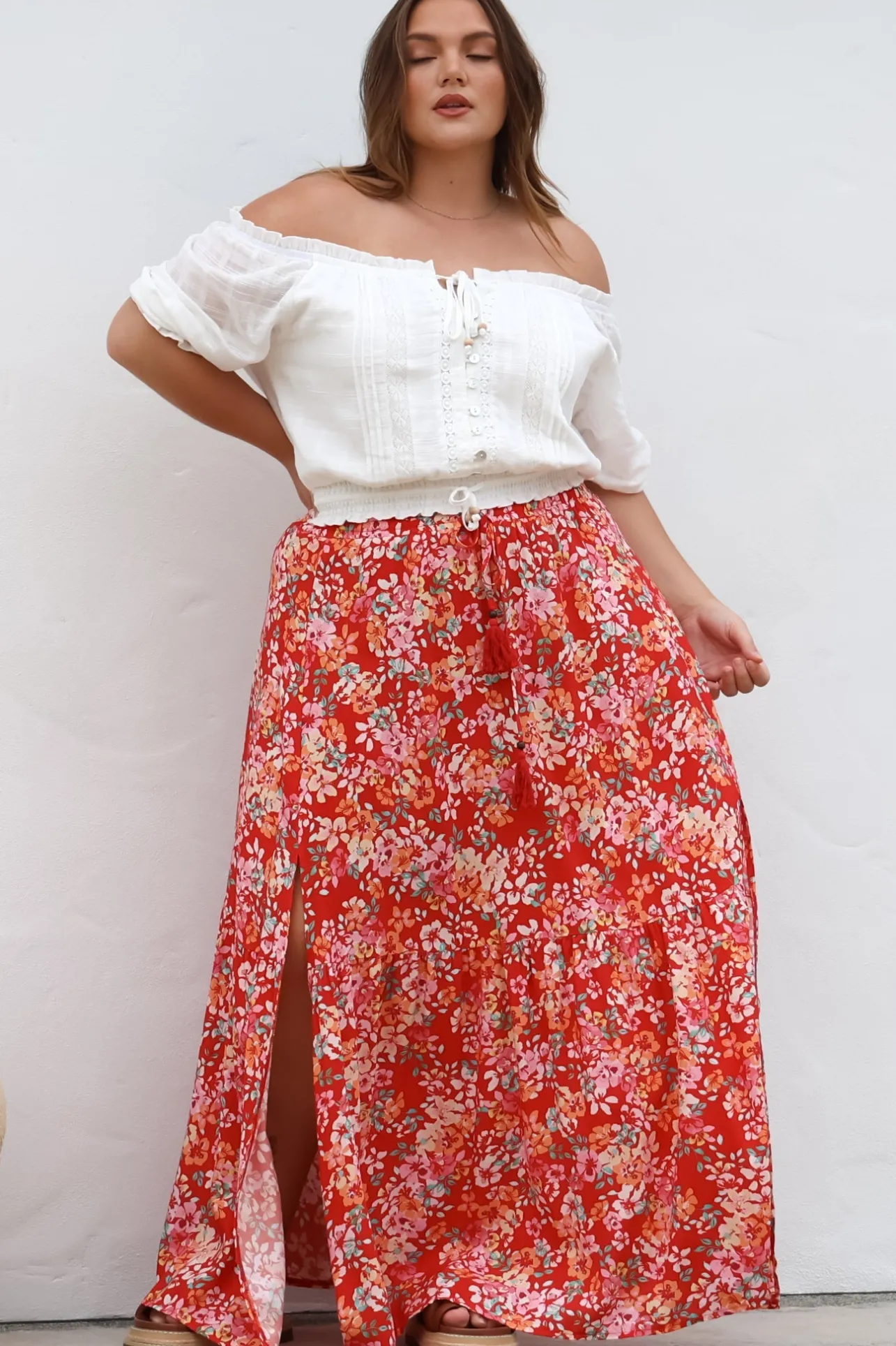 Hellen Maxi Skirt - High Waisted Skirt with Front Splits in Florentina Print Red>Salty Crush Sale