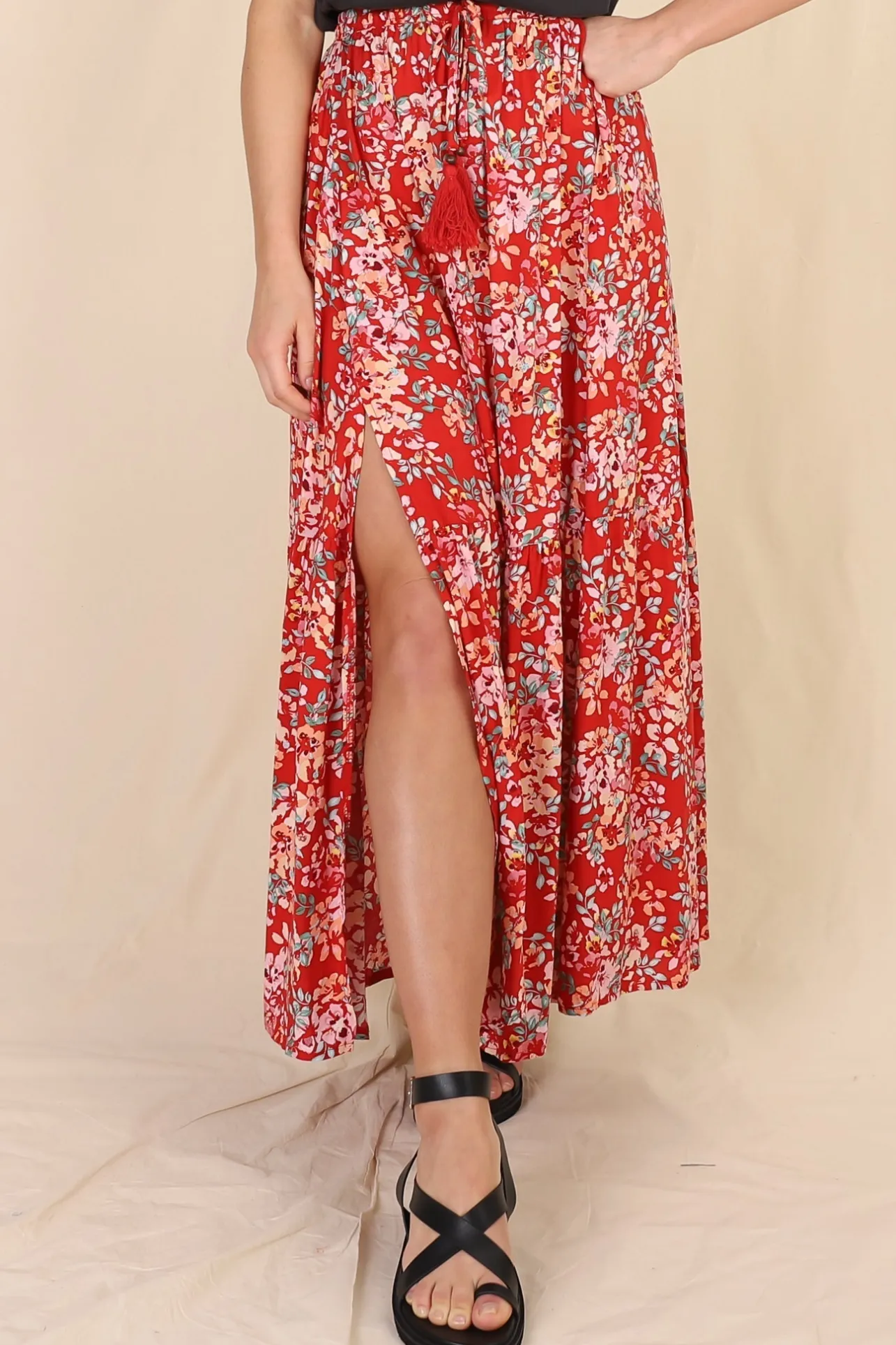 Hellen Maxi Skirt - High Waisted Skirt with Front Splits in Florentina Print Red>Salty Crush Sale