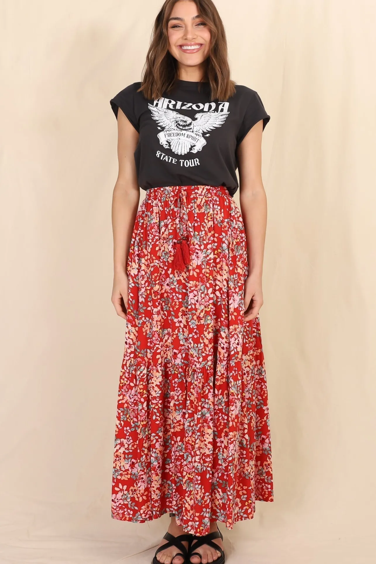 Hellen Maxi Skirt - High Waisted Skirt with Front Splits in Florentina Print Red>Salty Crush Sale